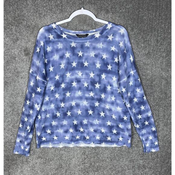 Rock & Republic Sweater Womens Size Large Blue Star Long Sleeve Lightweight Knit - Picture 1 of 6